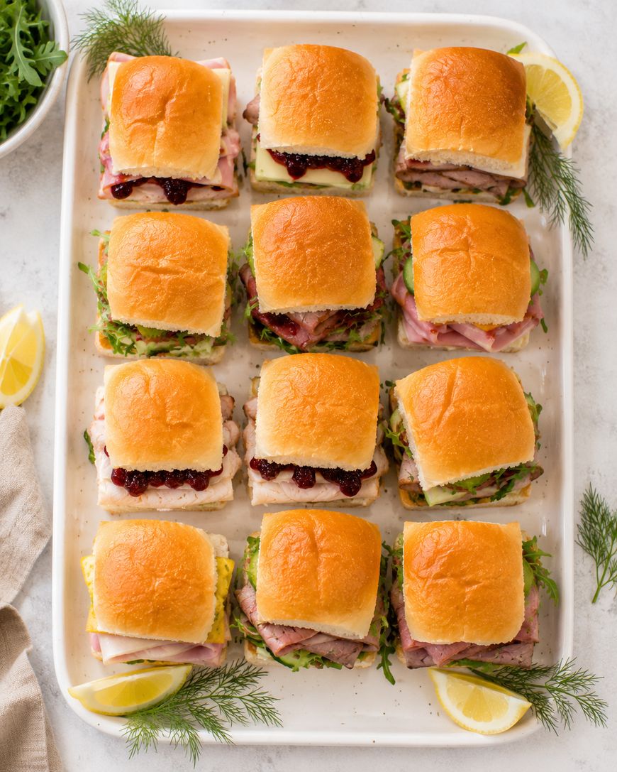 A tray of twelve mini sandwiches with golden buns, filled with meat, cheese, greens, and some with cranberry sauce. Lemon wedges and sprigs of dill garnish the tray. The sandwiches are neatly arranged in rows.