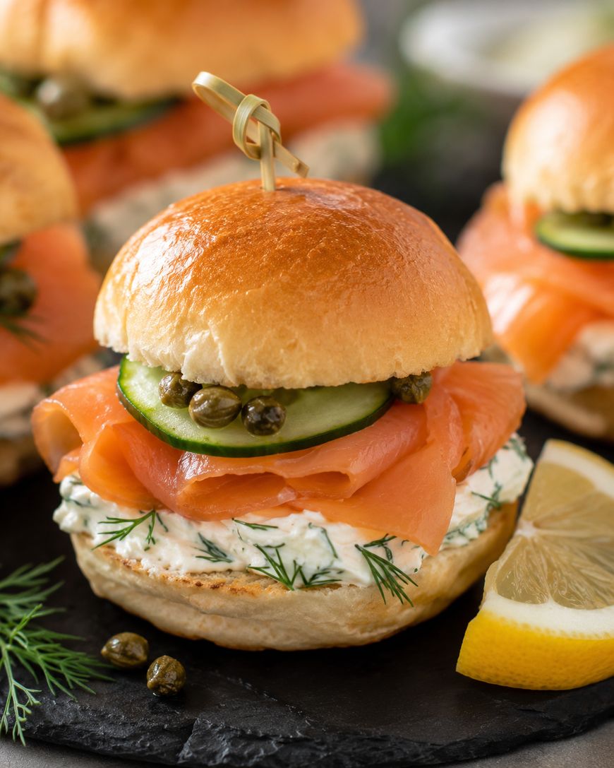 A slider sandwich with smoked salmon, cucumber slices, capers, fresh dill, and herbed cream cheese on a soft bun, garnished with a lemon wedge and extra dill on a dark slate surface.