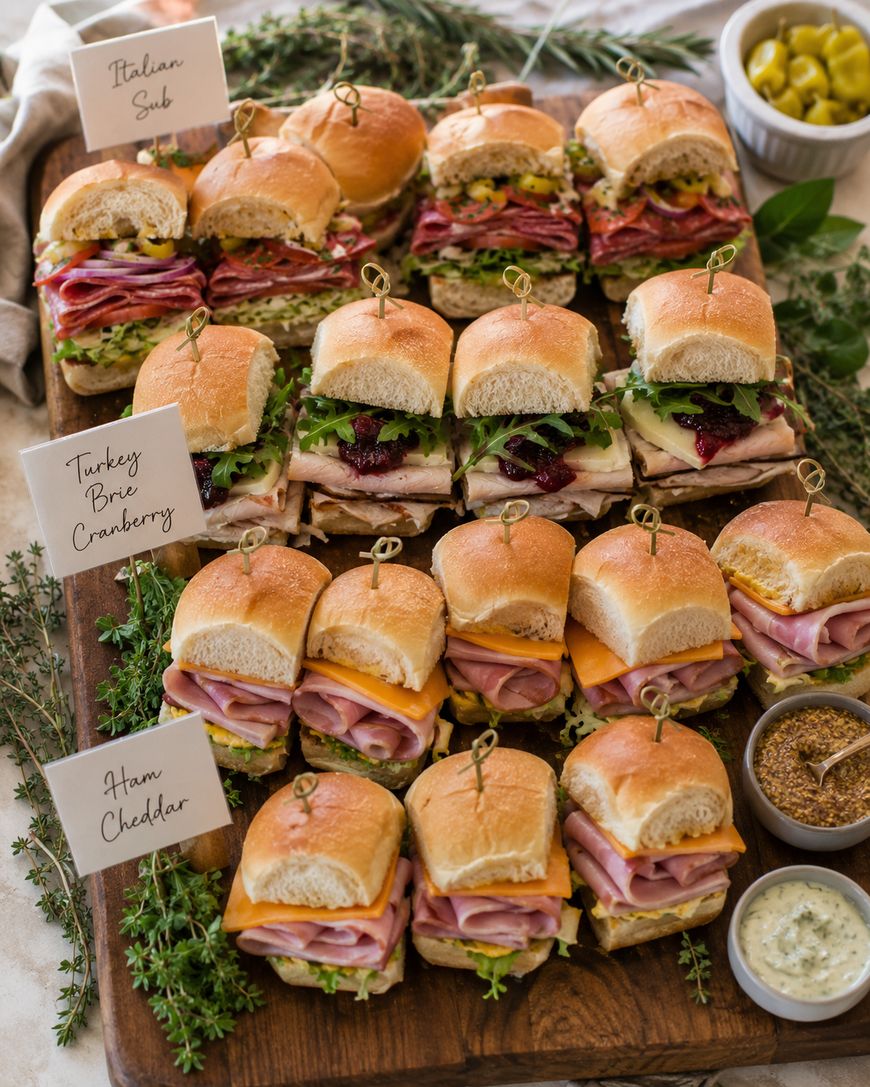 An overhead view of a wooden board with mini sandwiches in three rows, labeled Italian Sub, Turkey Brie Cranberry, and Ham Cheddar. Bowls of mustard, dip, and olives, plus herbs, surround the sandwiches.