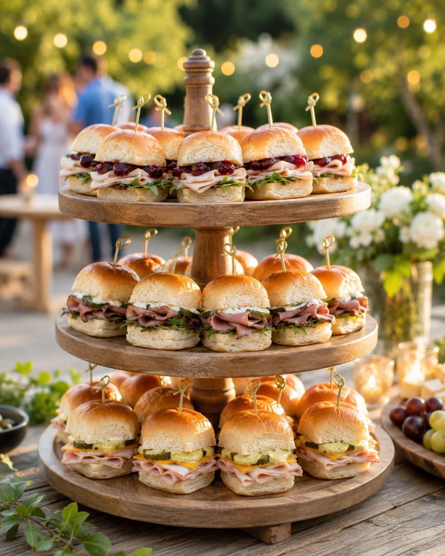 A three-tiered wooden stand displays assorted mini sandwiches with meats, cheese, and greens, each secured with a toothpick. The setup is outdoors with blurred people, flowers, and string lights in the background.