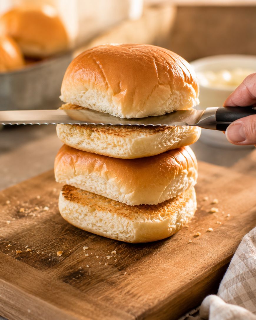 A hand uses a serrated knife to slice through the top of a stack of three golden brown sandwich buns on a wooden cutting board. A blurred bowl and more buns are in the background.
