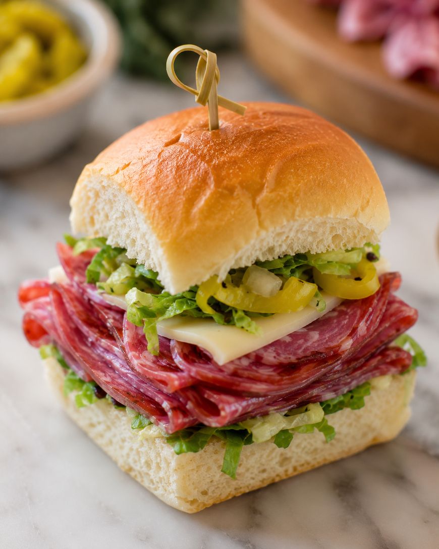 A sandwich on a soft bun is stacked with layers of sliced salami, cheese, shredded lettuce, and banana peppers, held together with a wooden pick, sitting on a marble surface.
