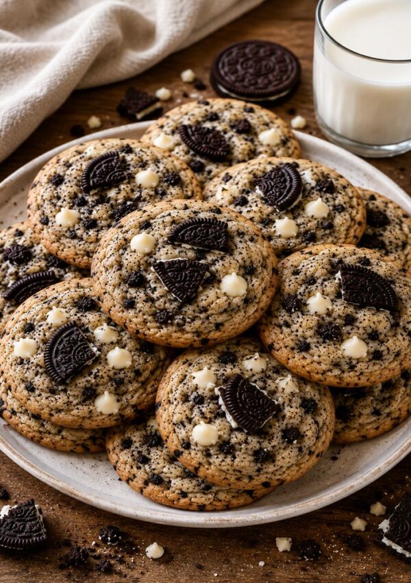 A plate of cookies with chocolate cookie pieces and white chocolate chips, made using a cookies and cream cookie recipe, is surrounded by a glass of milk, a whole chocolate cookie, and cookie crumbs on a wooden table.
