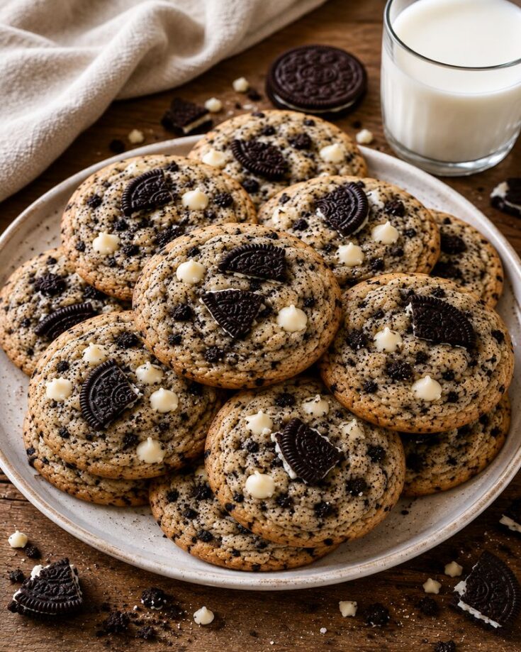 A plate of cookies with chocolate cookie pieces and white chocolate chips, made using a cookies and cream cookie recipe, is surrounded by a glass of milk, a whole chocolate cookie, and cookie crumbs on a wooden table.