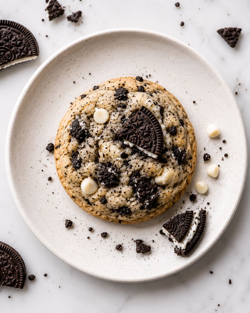 A large cookie with white chocolate chips and Oreo cookie pieces sits on a white plate. Crumbled and halved Oreo cookies are scattered on the plate and marble surface.