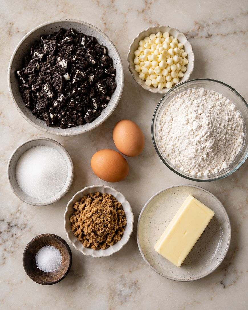 Top-down view of baking ingredients on a marble countertop: crushed chocolate sandwich cookies, white chocolate chips, flour, granulated sugar, brown sugar, two eggs, a stick of butter, and a small bowl of salt.