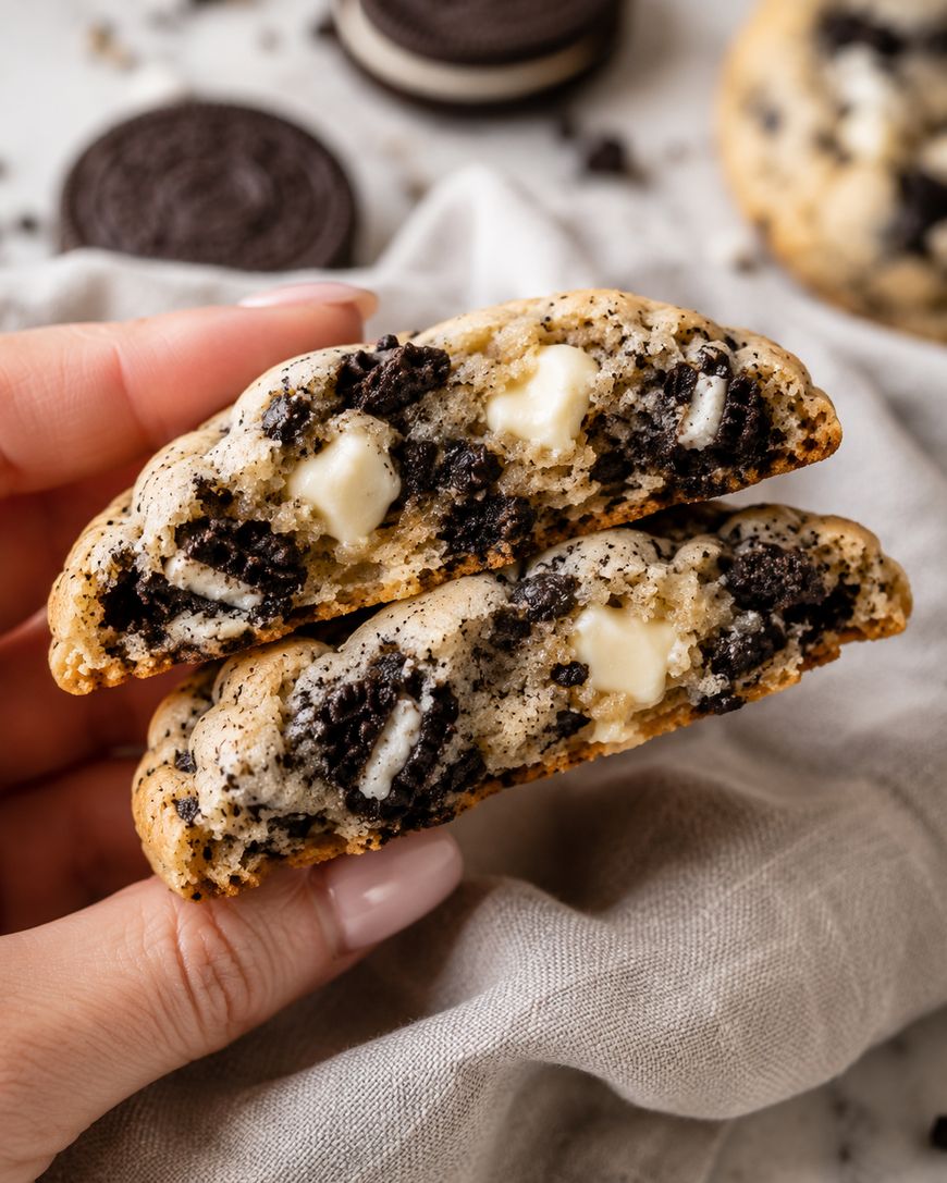 A hand holds two halves of a thick cookie filled with chunks of chocolate sandwich cookies and white chocolate, with more cookies and crumbs in the blurred background.