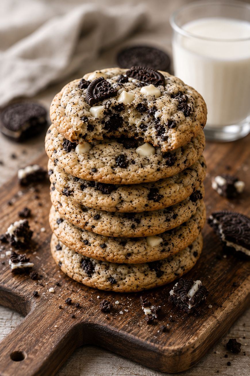 A stack of cookies with Oreo pieces and white chocolate chips sits on a wooden board, surrounded by cookie crumbs and Oreo halves, with a glass of milk in the background.