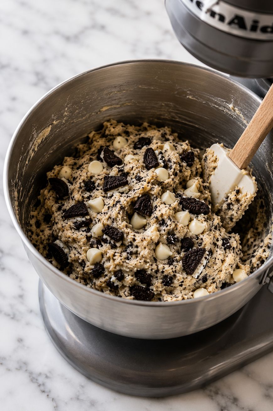 A stainless steel mixing bowl filled with cookie dough mixed with white chocolate chips and chunks of chocolate sandwich cookies, with a spatula resting inside.