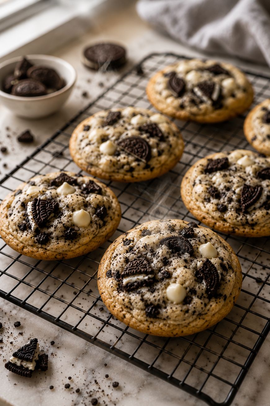 Large cookies with white chocolate chips and crushed chocolate sandwich cookies are cooling on a wire rack. Some cookie pieces and a bowl of extra cookies are visible in the background.