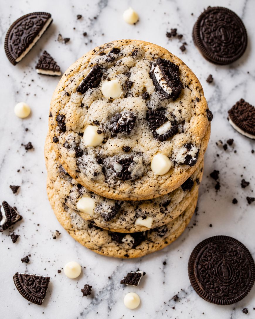 Three large cookies with Oreo pieces and white chocolate chips stacked on a marble surface, surrounded by scattered Oreo cookies, crumbs, and white chocolate chips.