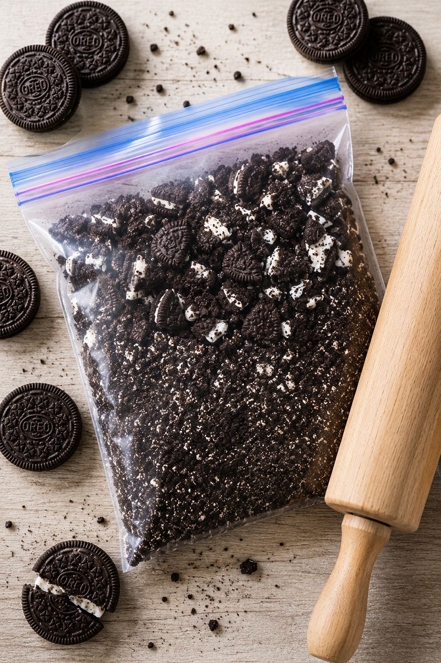 A resealable plastic bag filled with crushed chocolate sandwich cookies sits on a wooden surface beside a rolling pin, with several whole and broken cookies scattered around.