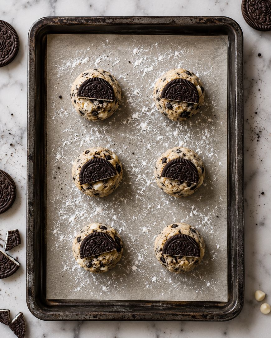 A baking sheet holds six unbaked cookie dough balls topped with chocolate cookie halves. The tray sits on a floured surface, with cookie pieces and chocolate chips scattered around.