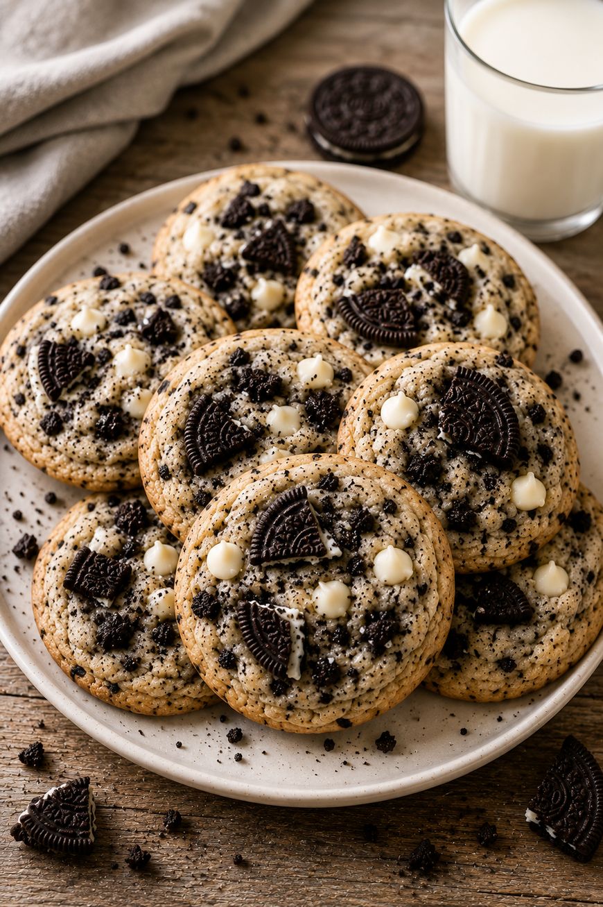 A plate of cookies topped with crushed chocolate sandwich cookies and white chocolate chips sits on a wooden table next to a glass of milk and a gray napkin.