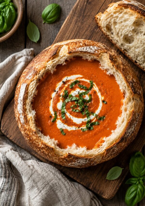 A round loaf of bread filled with creamy copycat Panera tomato soup recipe, garnished with cream and chopped herbs, sits on a wooden board next to a slice of bread, basil leaves, and a cloth napkin.
