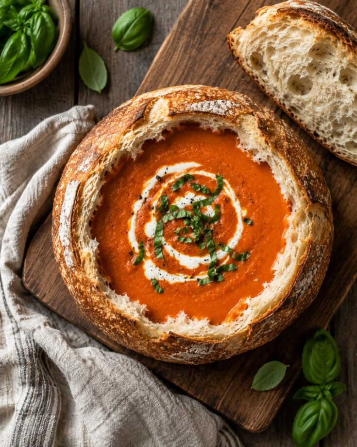 A round loaf of bread filled with creamy copycat Panera tomato soup recipe, garnished with cream and chopped herbs, sits on a wooden board next to a slice of bread, basil leaves, and a cloth napkin.