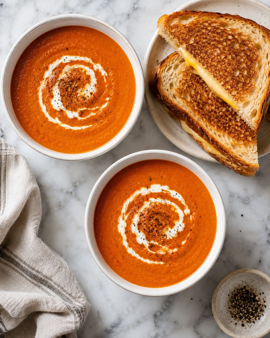 Two bowls of creamy tomato soup with swirls of cream and pepper sit on a marble surface, next to a plate with two halves of a grilled cheese sandwich and a small dish of ground pepper. A striped napkin is in the corner.