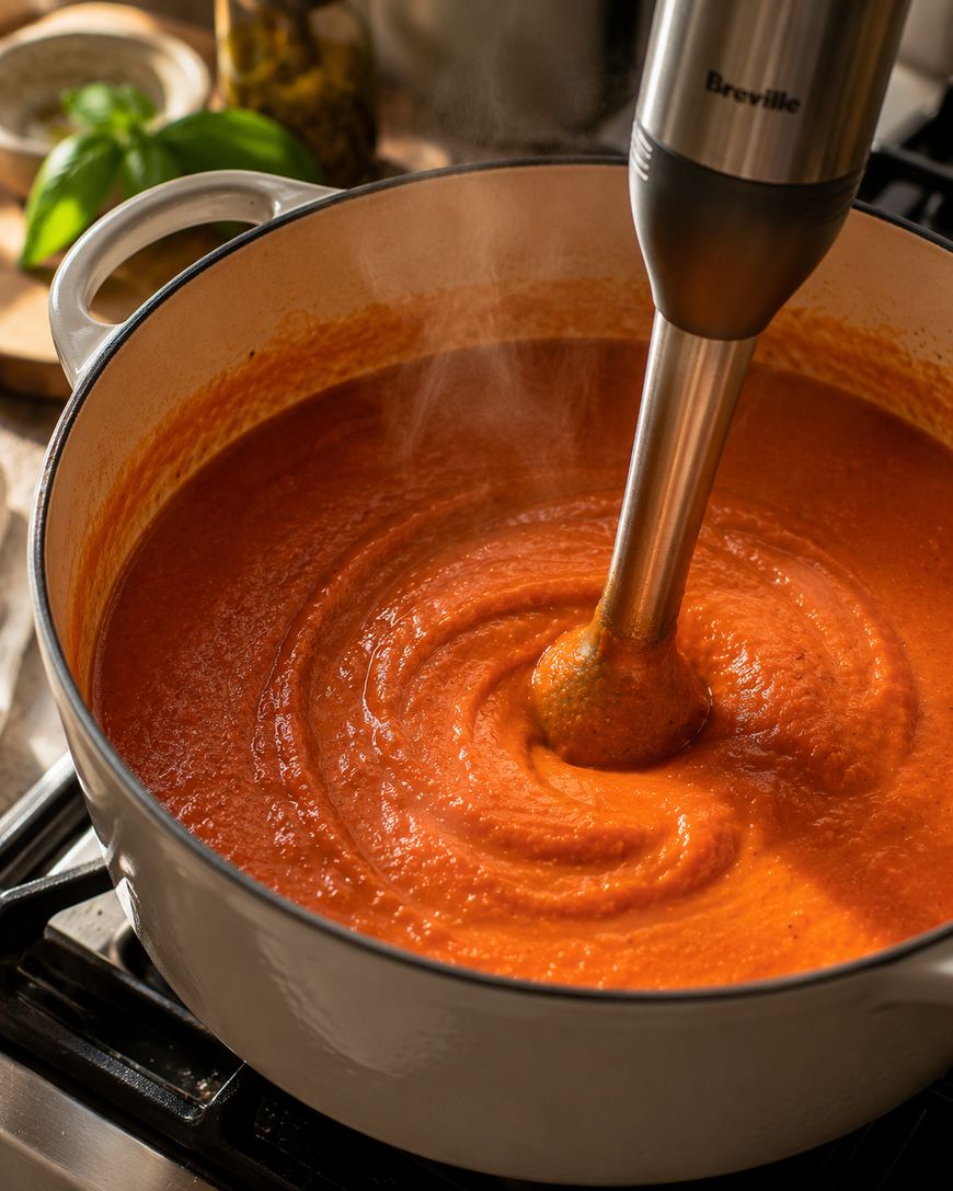 A hand blender purees steaming tomato sauce in a white pot on a stove, with fresh basil and ingredients visible in the blurred background.