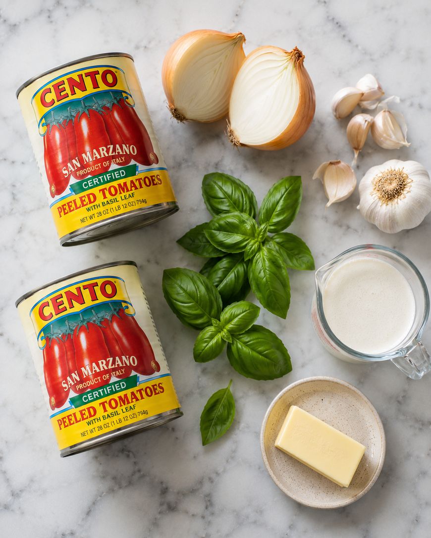 Two cans of Cento peeled tomatoes, halved onions, garlic bulbs, fresh basil, a glass of cream, and a pat of butter sit on a marble countertop, arranged neatly for cooking preparation.