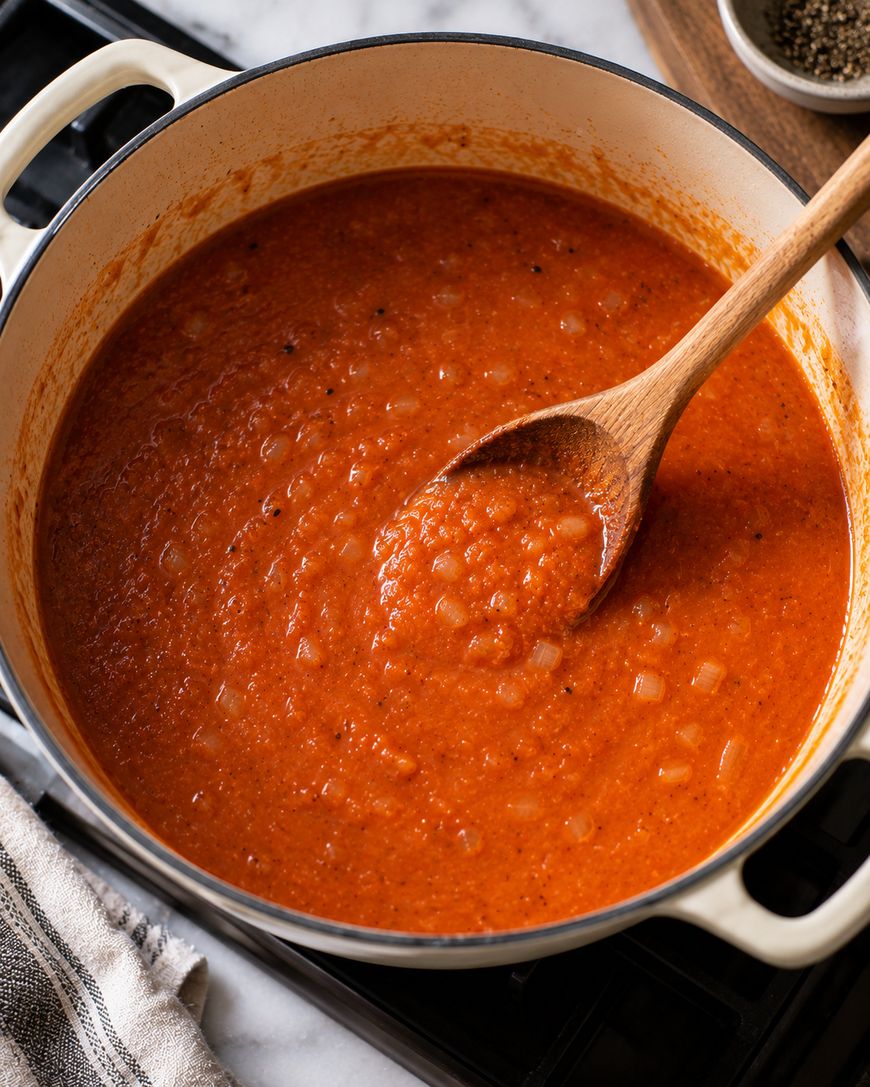 A white Dutch oven pot filled with chunky red tomato sauce, with visible pieces of onion, sits on a stovetop. A wooden spoon rests in the sauce, and a striped towel and pepper grinder are nearby.