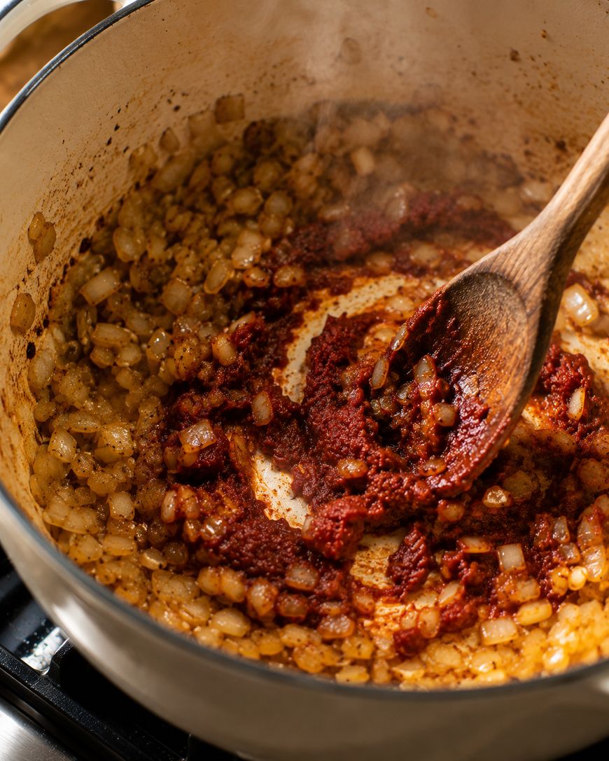 Chopped onions sautéing in a pot with tomato paste, being stirred with a wooden spoon. The mixture is browning and cooking on a stovetop, releasing steam.