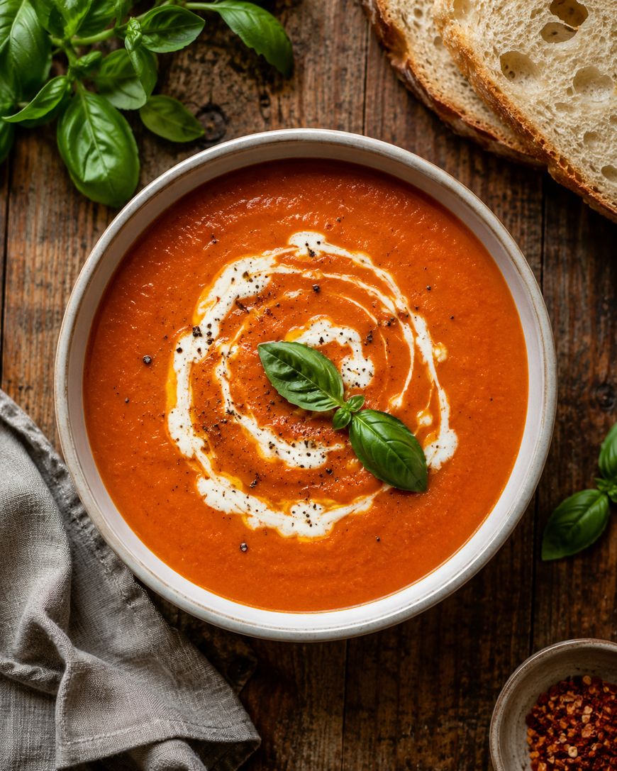 A bowl of creamy tomato soup garnished with a swirl of cream, ground pepper, and fresh basil leaves sits on a rustic wooden table next to basil sprigs, sliced bread, a gray napkin, and a small bowl of spices.