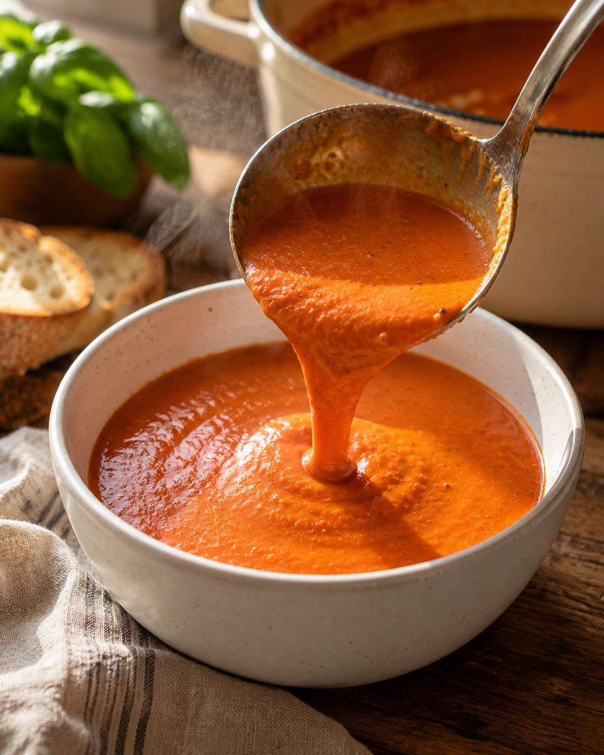 A ladle pours creamy tomato soup into a white bowl on a wooden table, with fresh basil and sliced bread in the background.