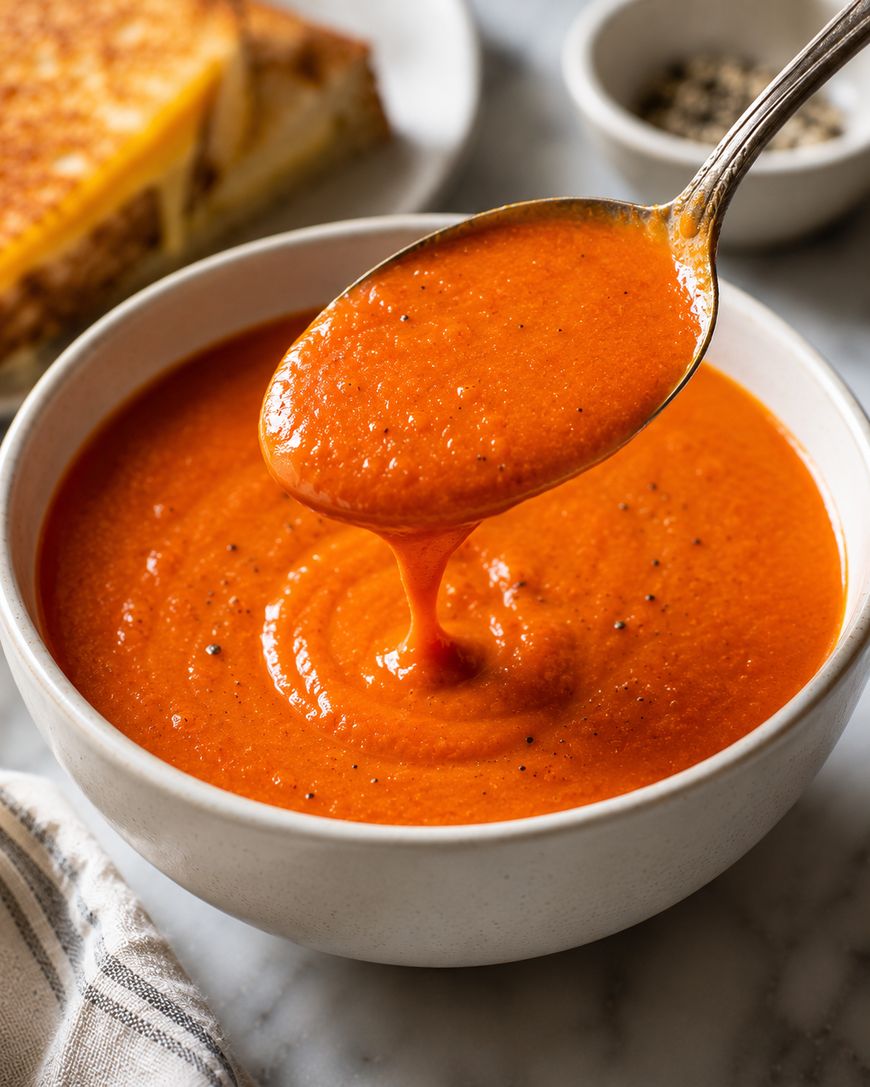 A spoon lifts creamy tomato soup from a white bowl, with visible black pepper on top; a grilled cheese sandwich and a small dish of pepper sit in the background on a marble surface.