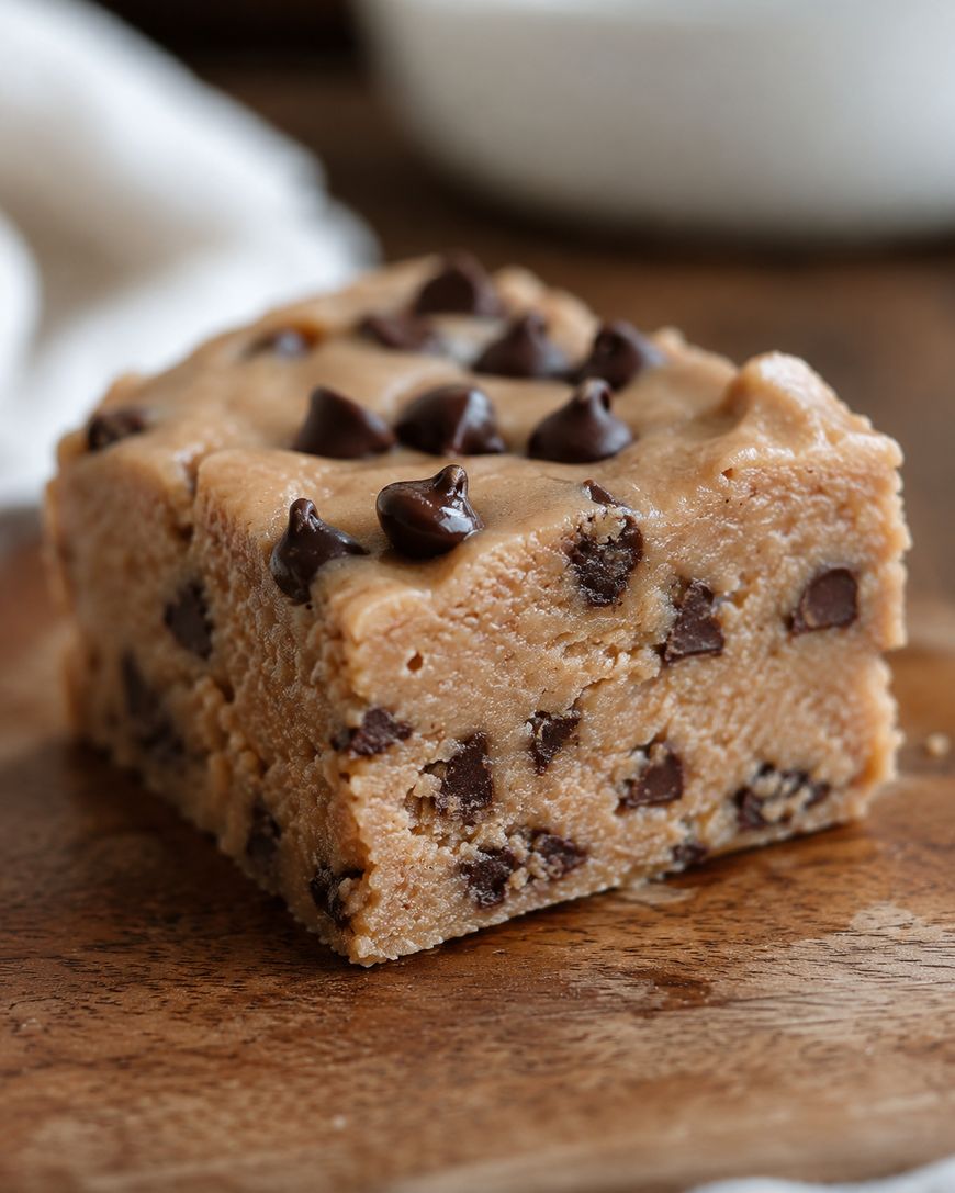 A close-up of a thick, square piece of edible chocolate chip cookie dough with chocolate chips embedded throughout, resting on a wooden surface.