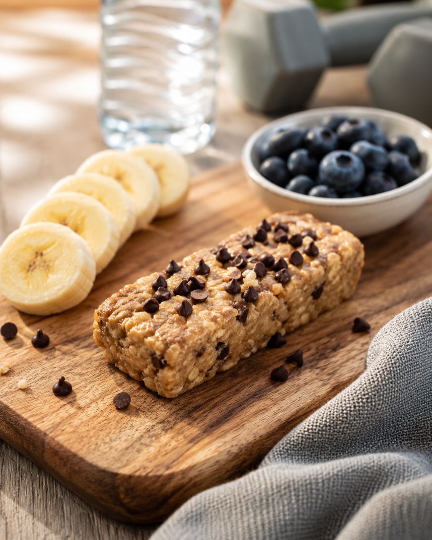 A granola bar with chocolate chips on a wooden board, next to banana slices, a bowl of blueberries, a water bottle, and dumbbells in the background. A gray cloth is draped nearby.