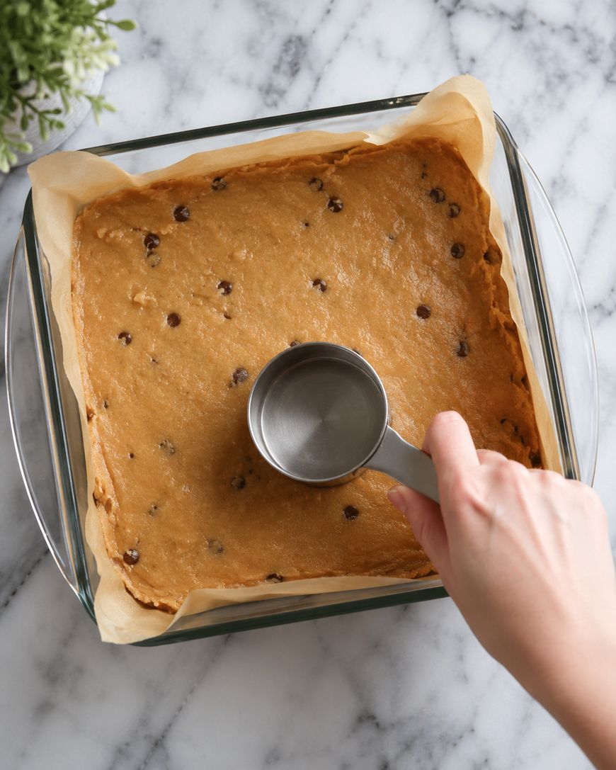 A hand uses a metal measuring cup to press chocolate chip cookie dough evenly into a parchment-lined square glass baking dish on a marble countertop.