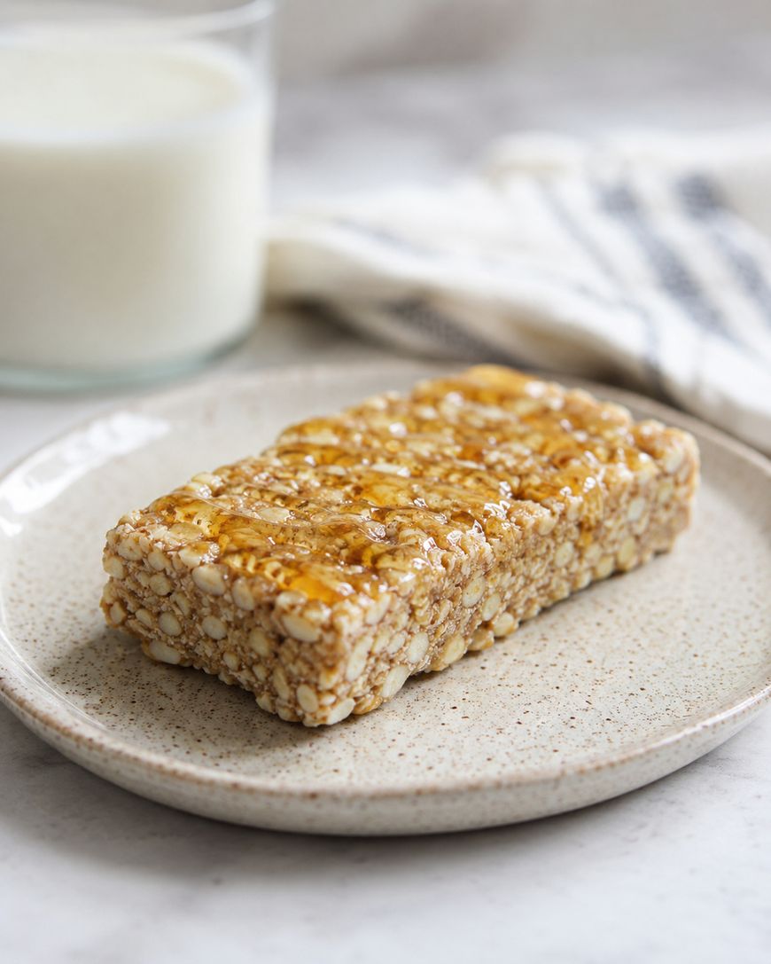 A rectangular puffed rice and honey bar sits on a beige plate, with a glass of milk and a striped cloth in the background.