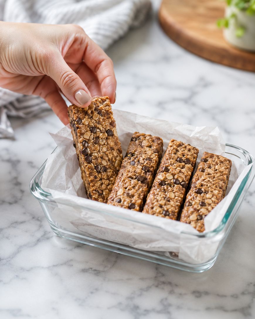 A hand picks up a homemade granola bar from a glass container lined with parchment paper, containing four oat and chocolate chip bars on a marble countertop.
