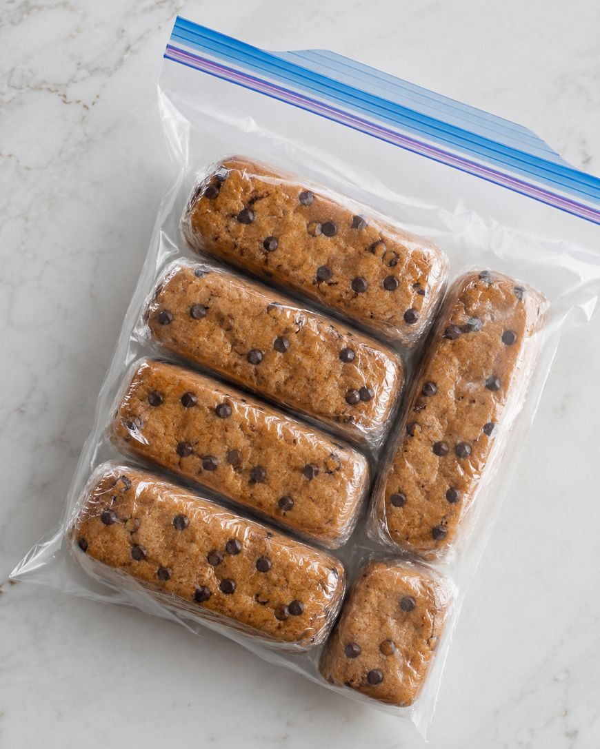A clear resealable plastic bag containing seven rectangular chocolate chip snack cakes arranged neatly on a white marble surface.