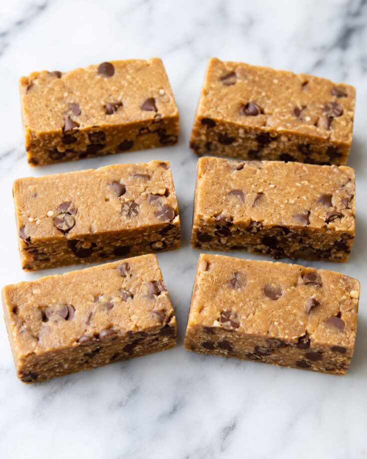 Six rectangular, homemade cookie dough protein bars with chocolate chips are arranged on a white marble surface.