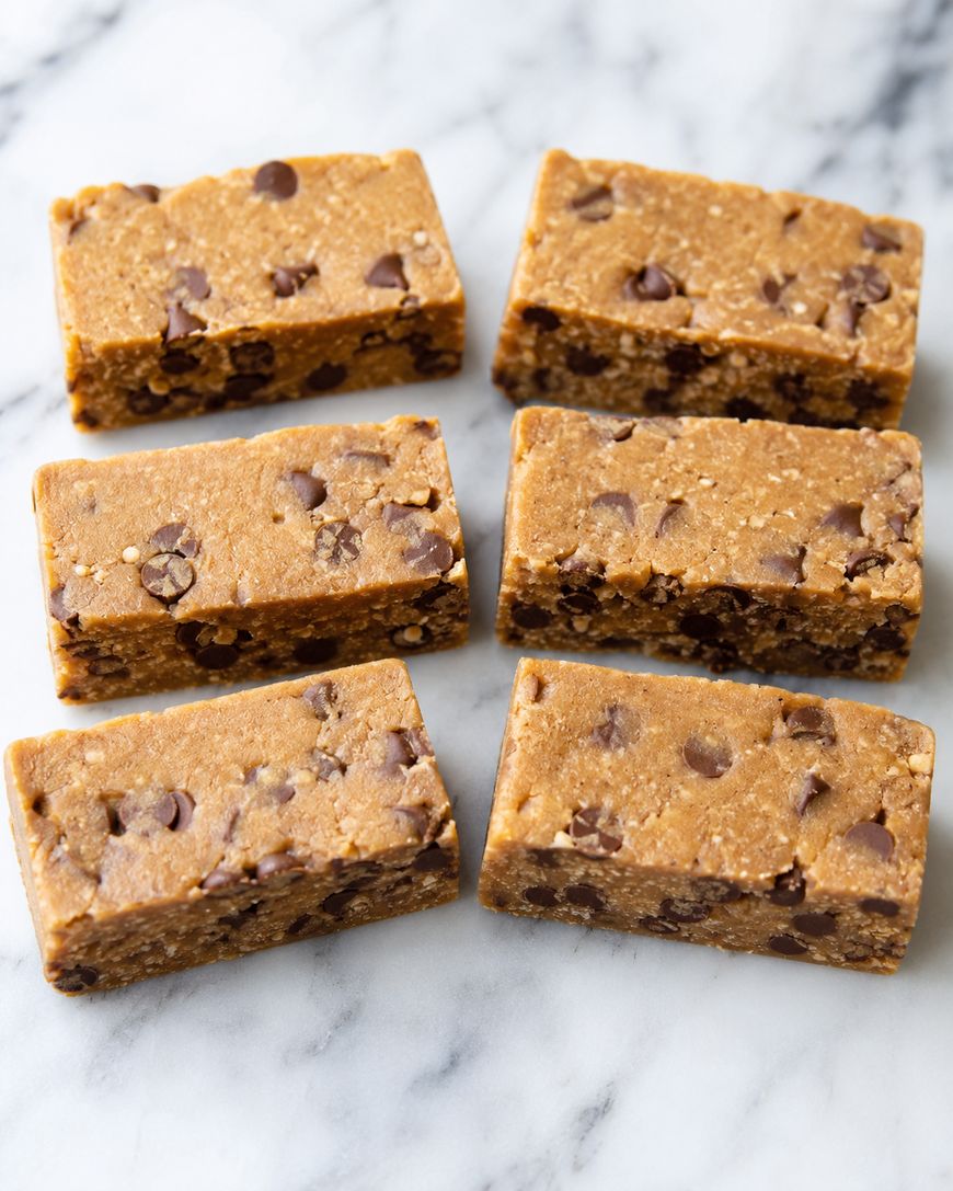 Six rectangular, homemade cookie dough protein bars with chocolate chips are arranged on a white marble surface.
