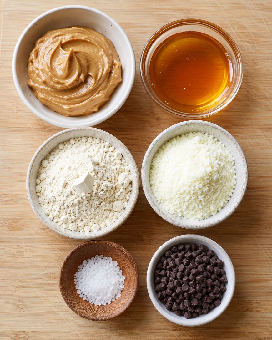 Six small bowls on a wood surface, containing creamy peanut butter, honey, oats, powdered milk, mini chocolate chips, and coarse salt.