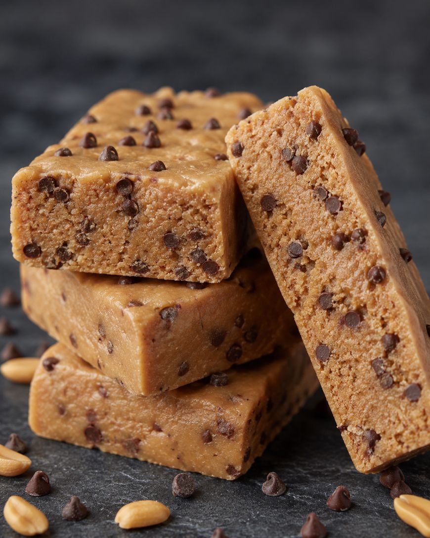 Four thick, rectangular bars of peanut butter fudge with mini chocolate chips are stacked on a dark surface, with some chocolate chips and peanuts scattered around.