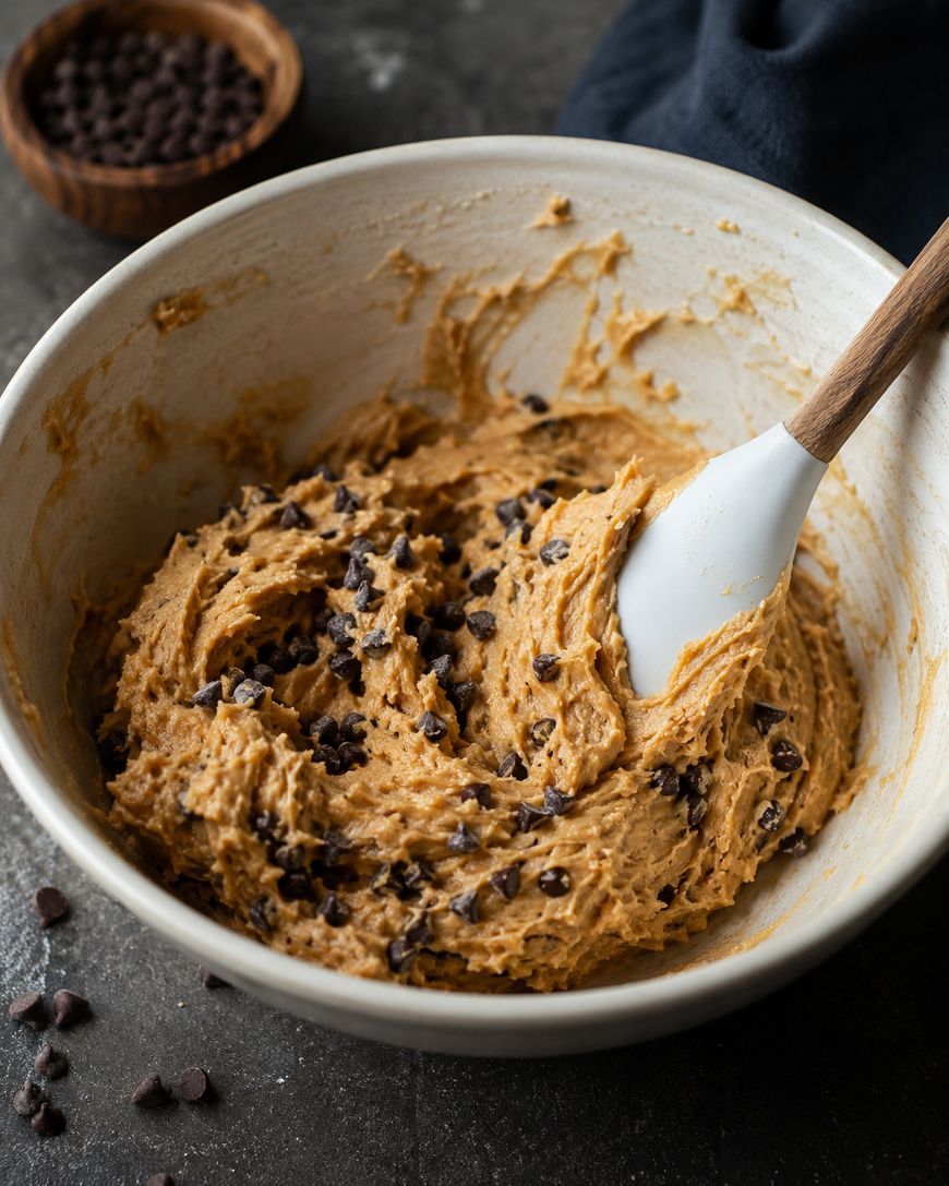 A white mixing bowl filled with cookie dough and chocolate chips, with a white spatula resting inside. A small wooden bowl of chocolate chips is in the background on a dark surface.