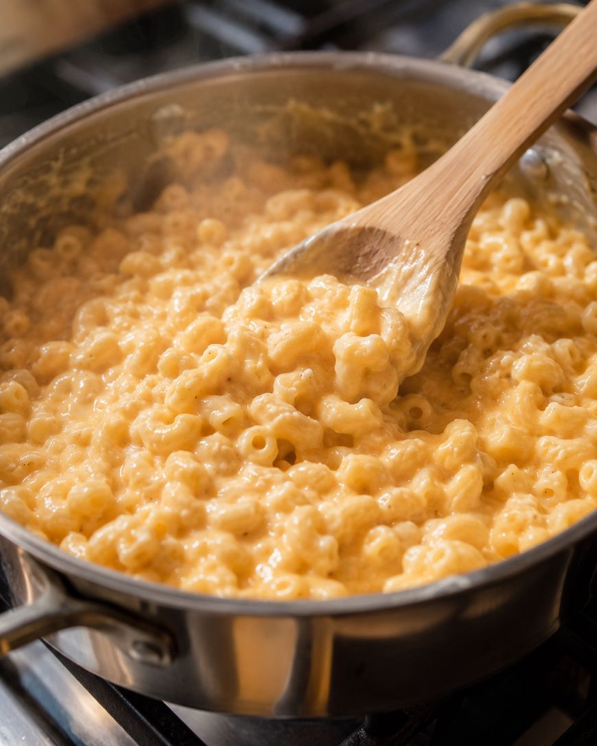A close-up of creamy macaroni and cheese being stirred with a wooden spoon in a saucepan on a stovetop.