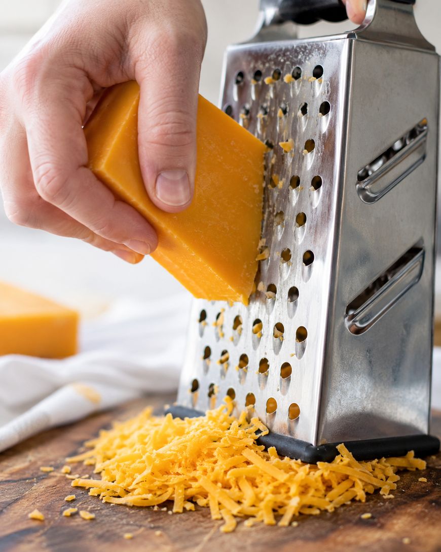 A hand grates a block of cheddar cheese on a metal box grater, with shredded cheese piling up on a wooden surface below.