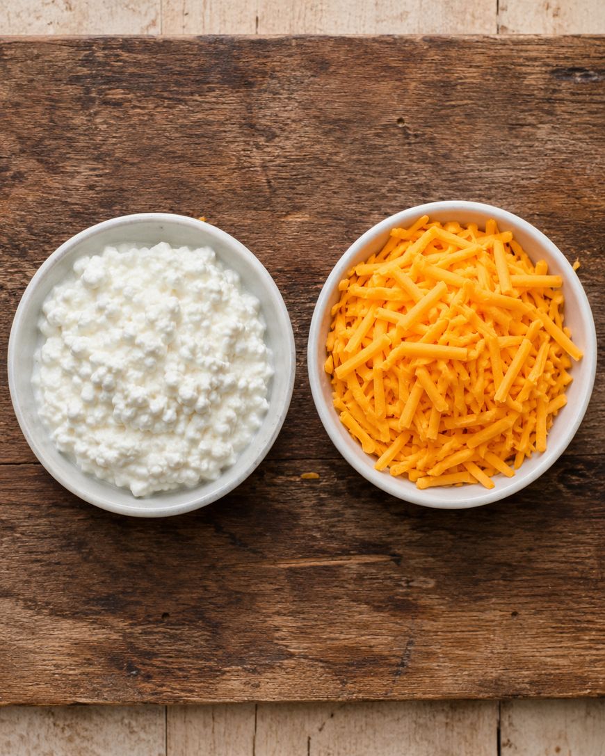 Two small white bowls on a wooden surface: one filled with cottage cheese, the other with shredded cheddar cheese.