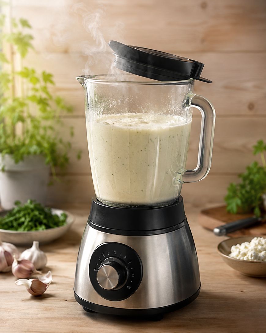 A blender with a transparent pitcher is blending a hot, creamy soup, with steam rising and the lid slightly open. Fresh herbs, garlic, and ingredients are on a wooden countertop in the background.
