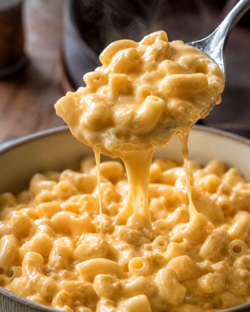 A close-up of creamy macaroni and cheese being scooped from a bowl with a spoon, showing gooey melted cheese stretching between the spoon and the dish.
