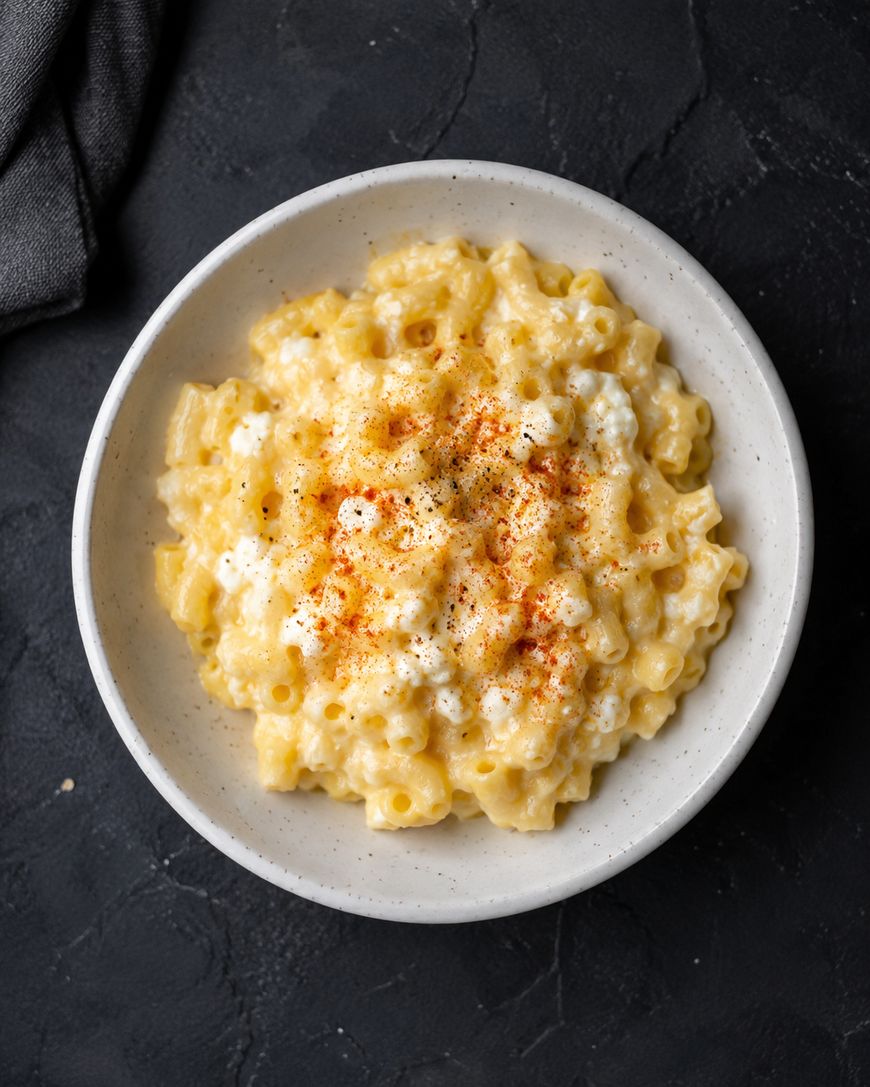 A white bowl filled with creamy macaroni and cheese, topped with a sprinkle of black pepper and paprika, sits on a dark textured surface.