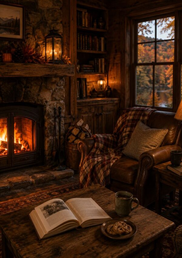 A cozy cabin room with a lit stone fireplace, a leather armchair draped with a plaid blanket, and a wooden table holding an open book, mug, and cookies—perfect inspiration for your next cozy cabin trip as autumn scenery glows through the window.