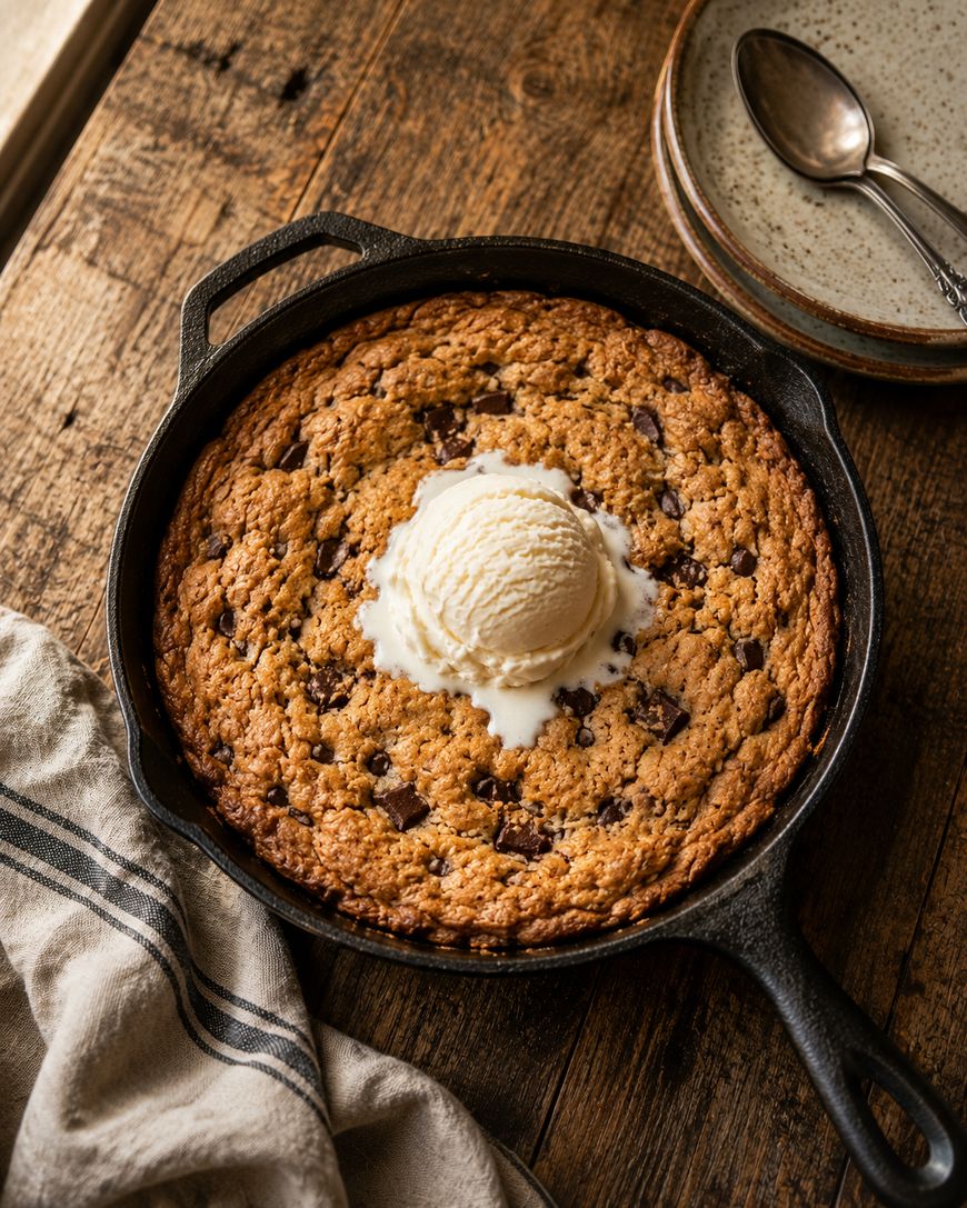 A large chocolate chip cookie baked in a cast iron skillet with a scoop of melting vanilla ice cream on top, set on a rustic wooden table with plates, spoons, and a striped cloth nearby.