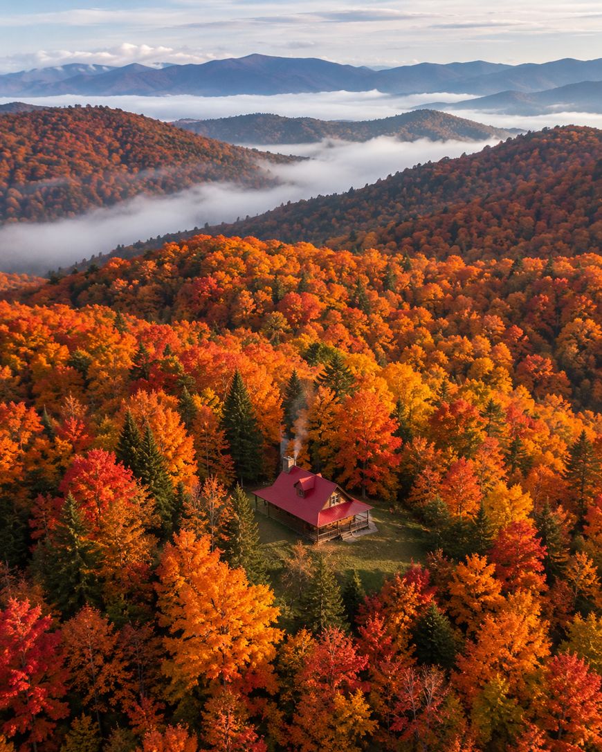 Aerial view of a cabin with a red roof surrounded by vibrant autumn trees in a mountain landscape, with misty valleys and distant blue hills under a cloudy sky.