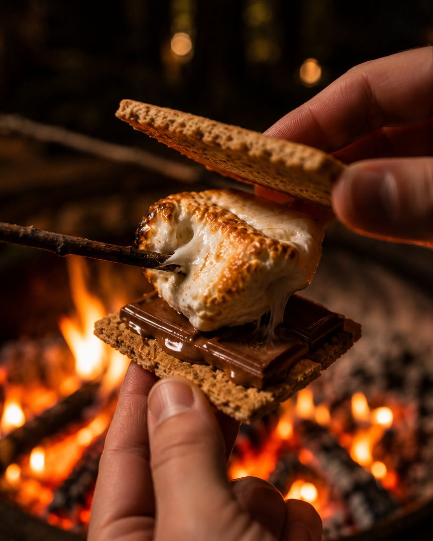 A hand assembles a smore with toasted marshmallow, melted chocolate, and graham crackers in front of a glowing campfire.