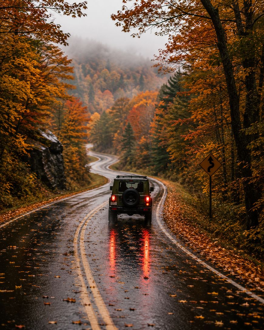 A car drives on a wet, winding road surrounded by vibrant autumn trees with orange and yellow leaves, reflecting on the pavement. A curvy road sign is visible, and mist covers the distant forested hills.